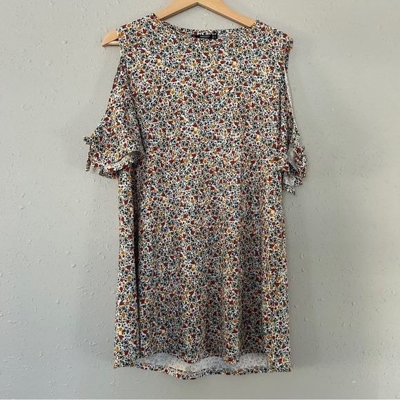 Mango Floral Mini Shift Dress Cold Shoulder Casual Comfy Fall Medium - Picture 1 of 6